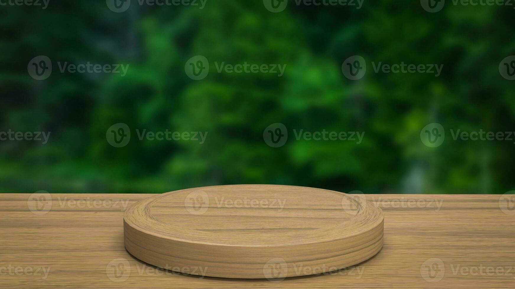 The wood table and Green forest Background  3d rendering photo