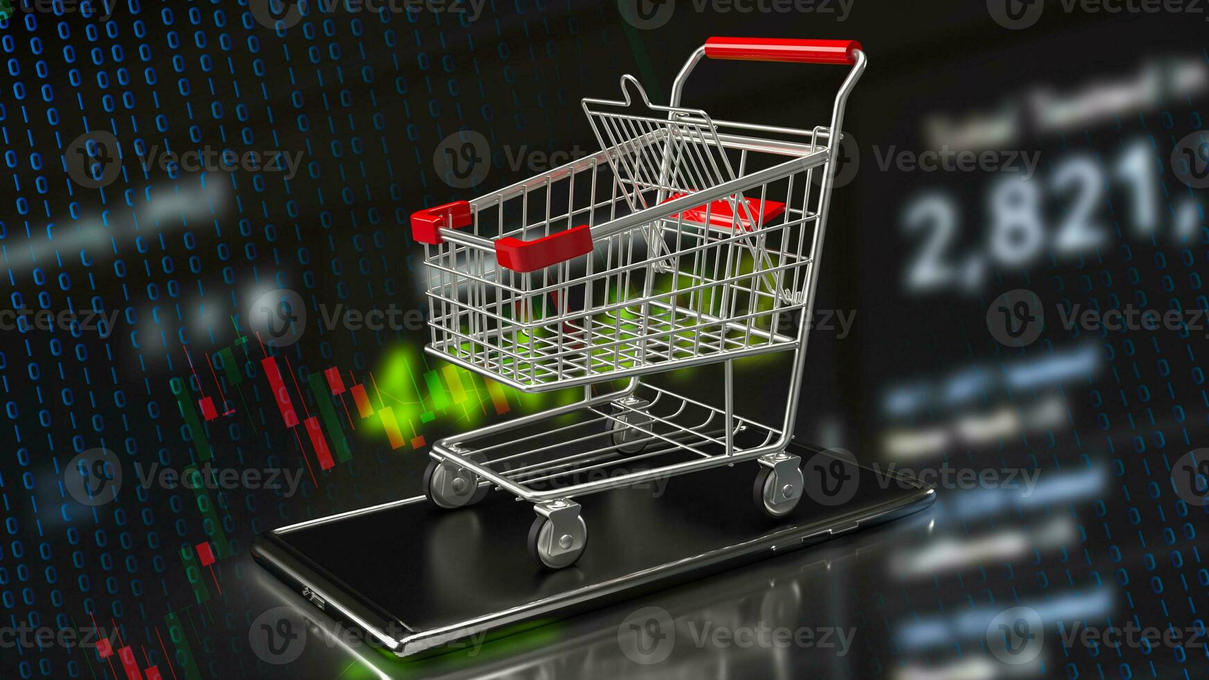 el compras carretilla en móvil para mi compras y compras en línea concepto 3d representación foto