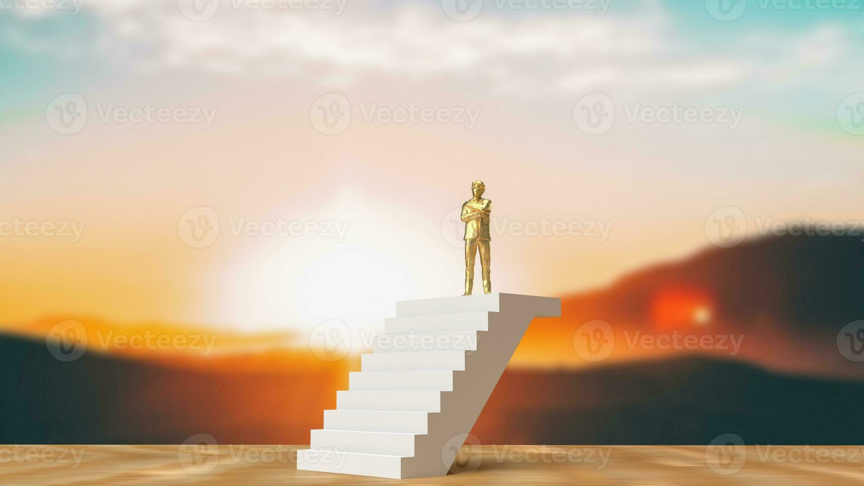 The gold man on stairs for Business concept  3d rendering photo