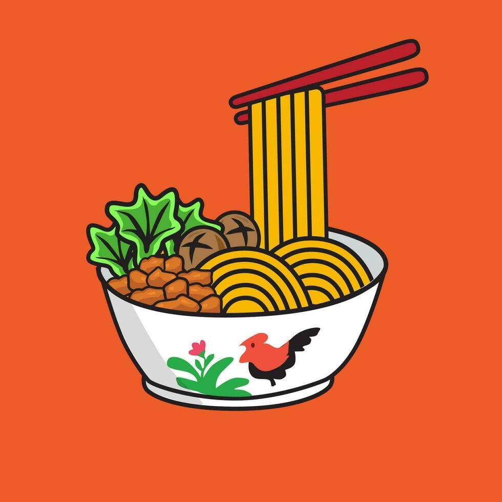 Vector illustration food noodle mie ayam chicken noodle indonesia