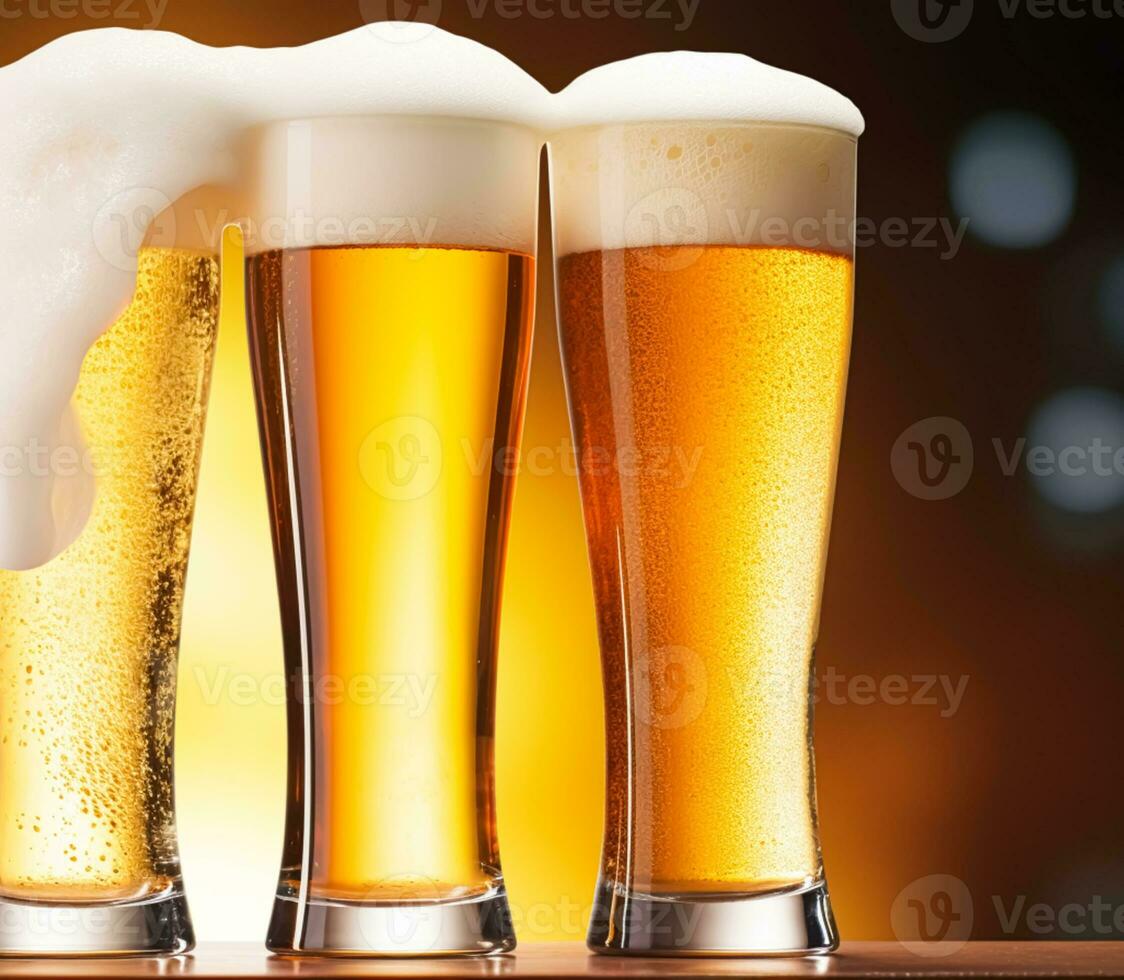 Glasses of cold beer with foam, pint of original premium beer drink, alcohol flavour and holiday celebration photo