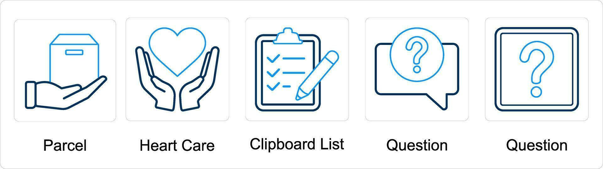 A set of 5 mix icons as parcel, heart care, clipboard list, question vector