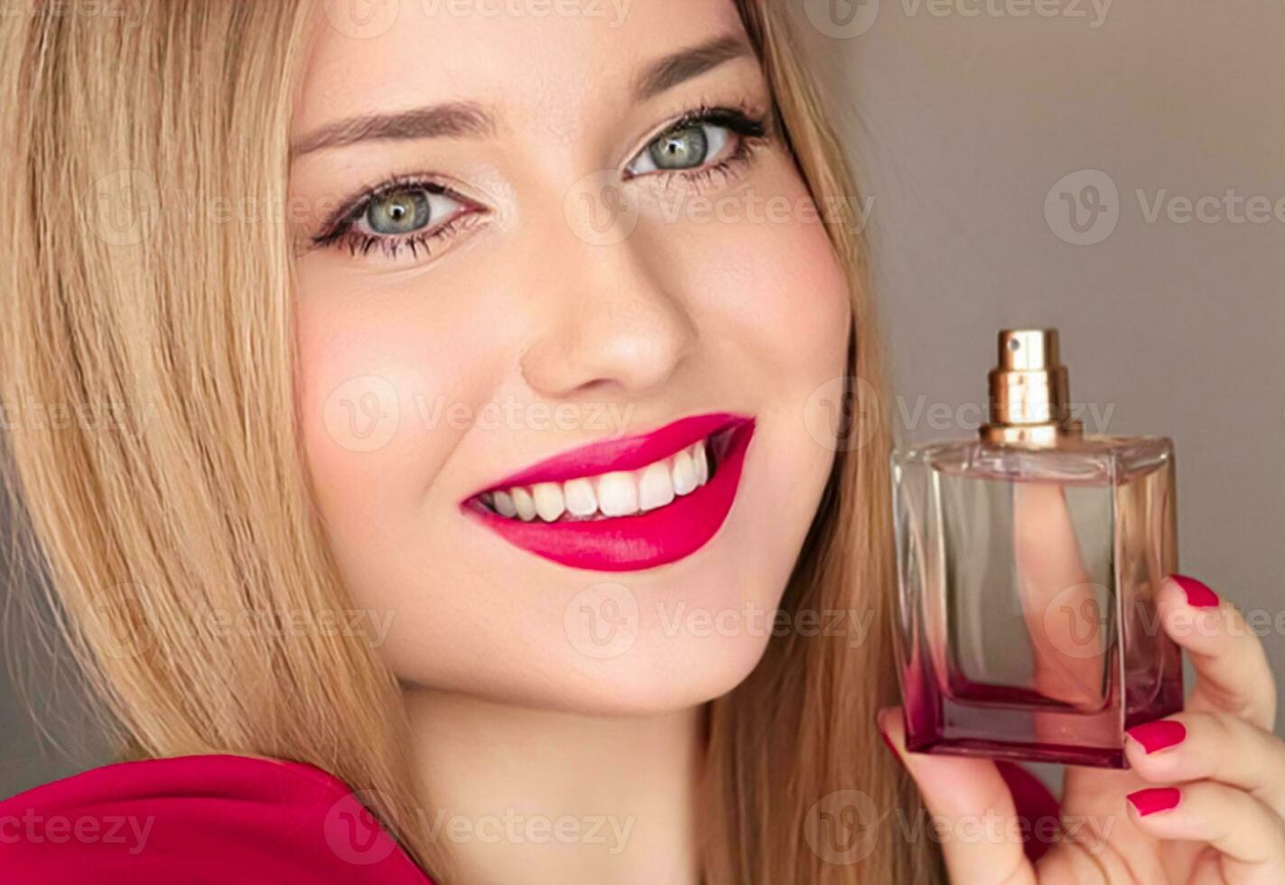 Beauty product, perfume and cosmetics, face portrait of beautiful woman with perfume or fragrance bottle of floral scent for luxury cosmetic, glamour and fashion photo