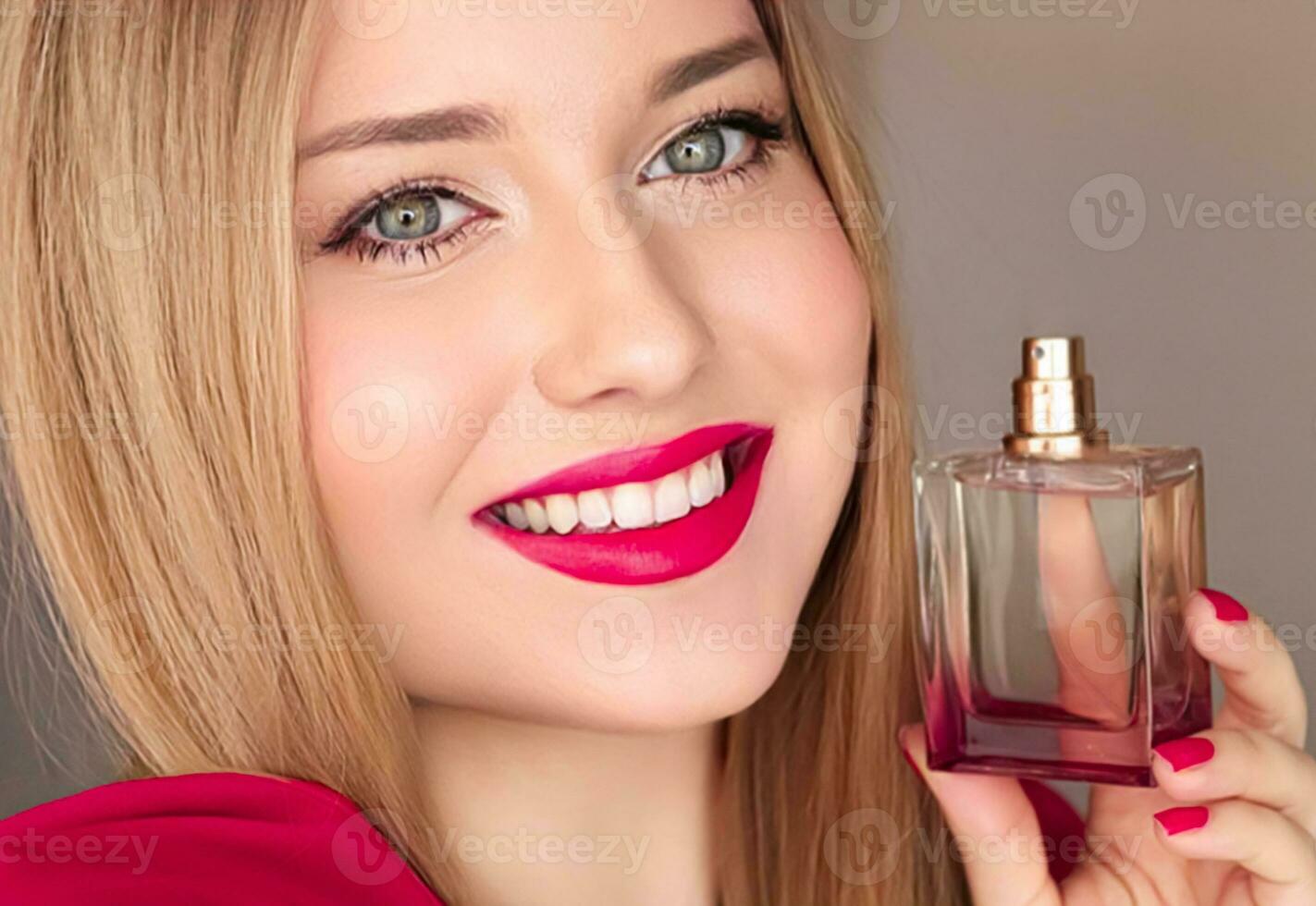 belleza producto, perfume y productos cosméticos, cara retrato de hermosa mujer con perfume o fragancia botella de floral olor para lujo cosmético, glamour y Moda foto