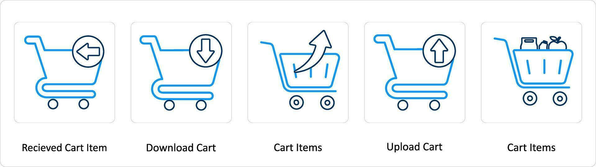 A set of 5 Extra icons as received cart item, cart items, upload cart vector