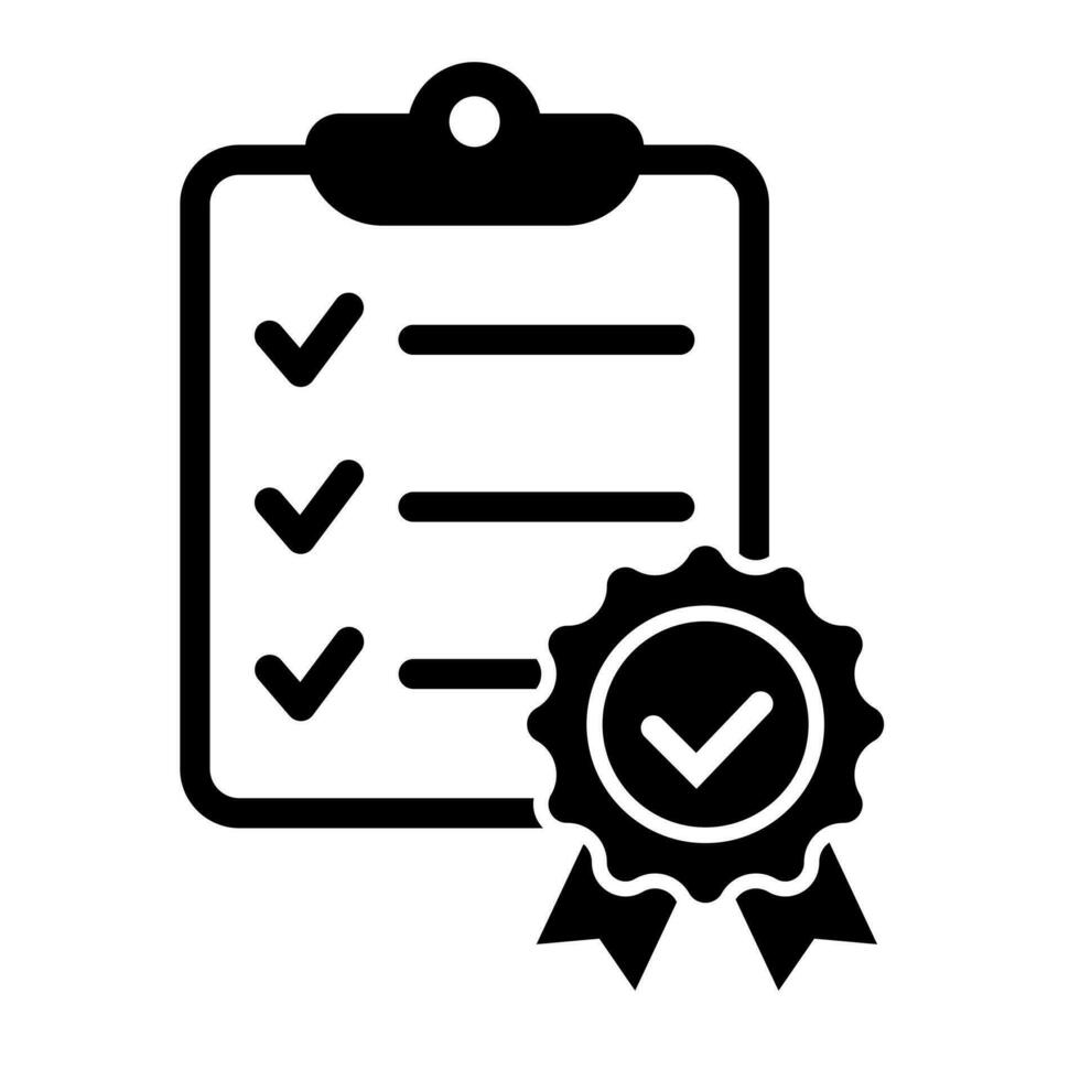 Checklist with certificate icon. Premium quality symbol. Achievement badge. Tasks done icon. Signed approved document. Project completed. Quality mark. Achievement badge vector. vector
