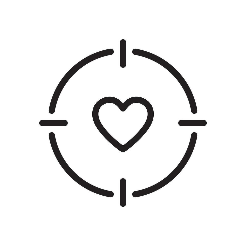 Vector line icon of heart surrounded by sniper target. Romance, love and dating concept. Outline sign and expanded stroke drawn in modern flat style. Suitable for articles, web sites etc.