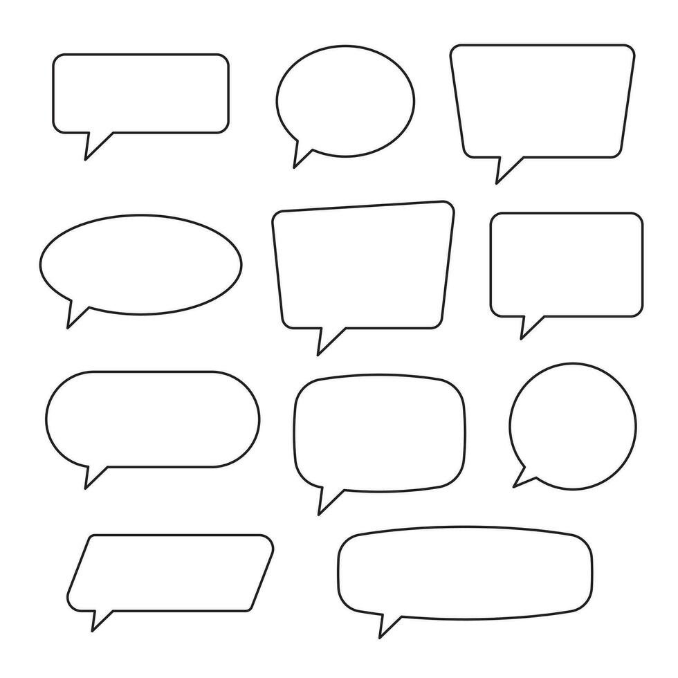 Speech bubbles set of outlined circle, distorted rectangle and square blank. Trendy line shapes, speech balloon, chat bubble on white background, vector design elements.