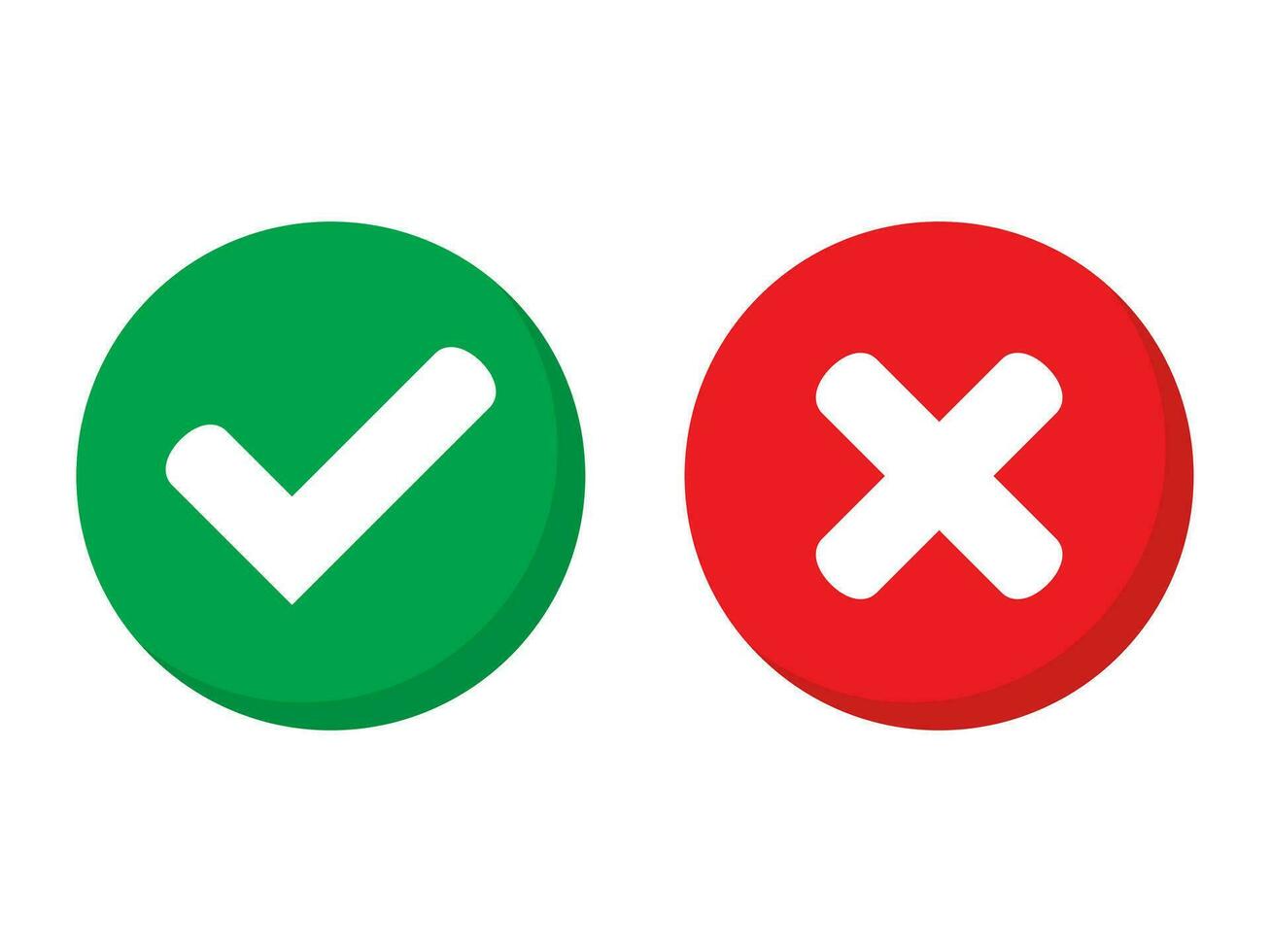 Green tick and red cross checkmarks in circle flat icons. Yes or no line symbol, approved or rejected icon for user interface. vector