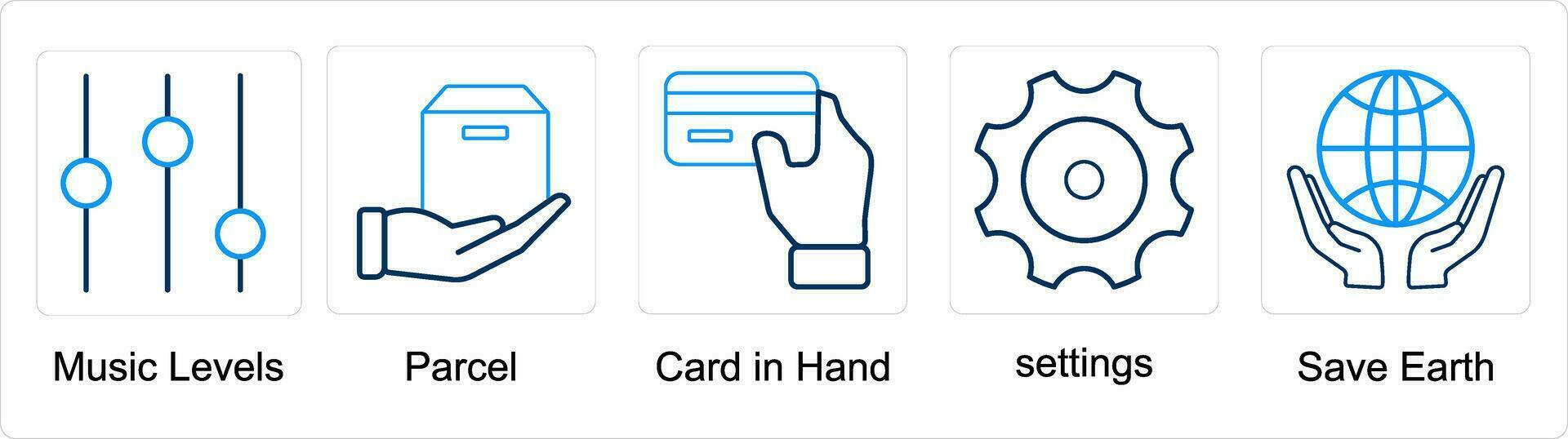 A set of 5 mix icons as music levels, parcel, card in hand vector