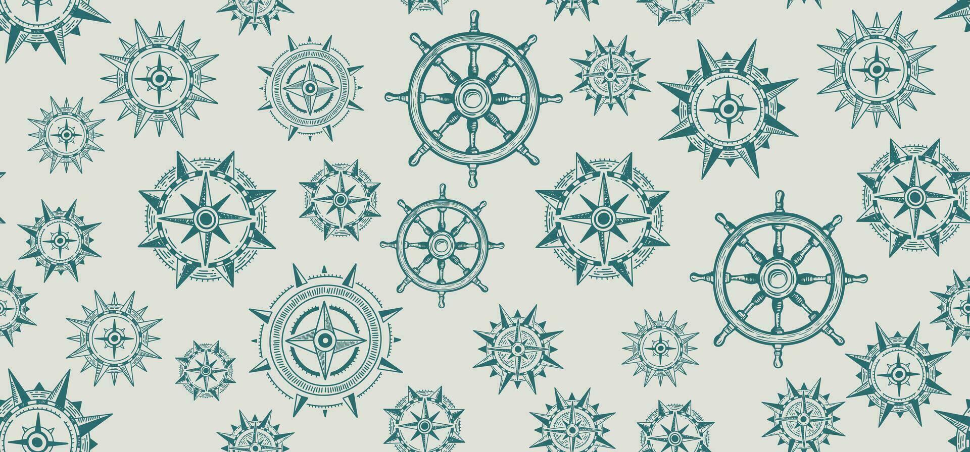 Compass Wind rose, Ship wheel, pattern, hand drawn Illustration. vector