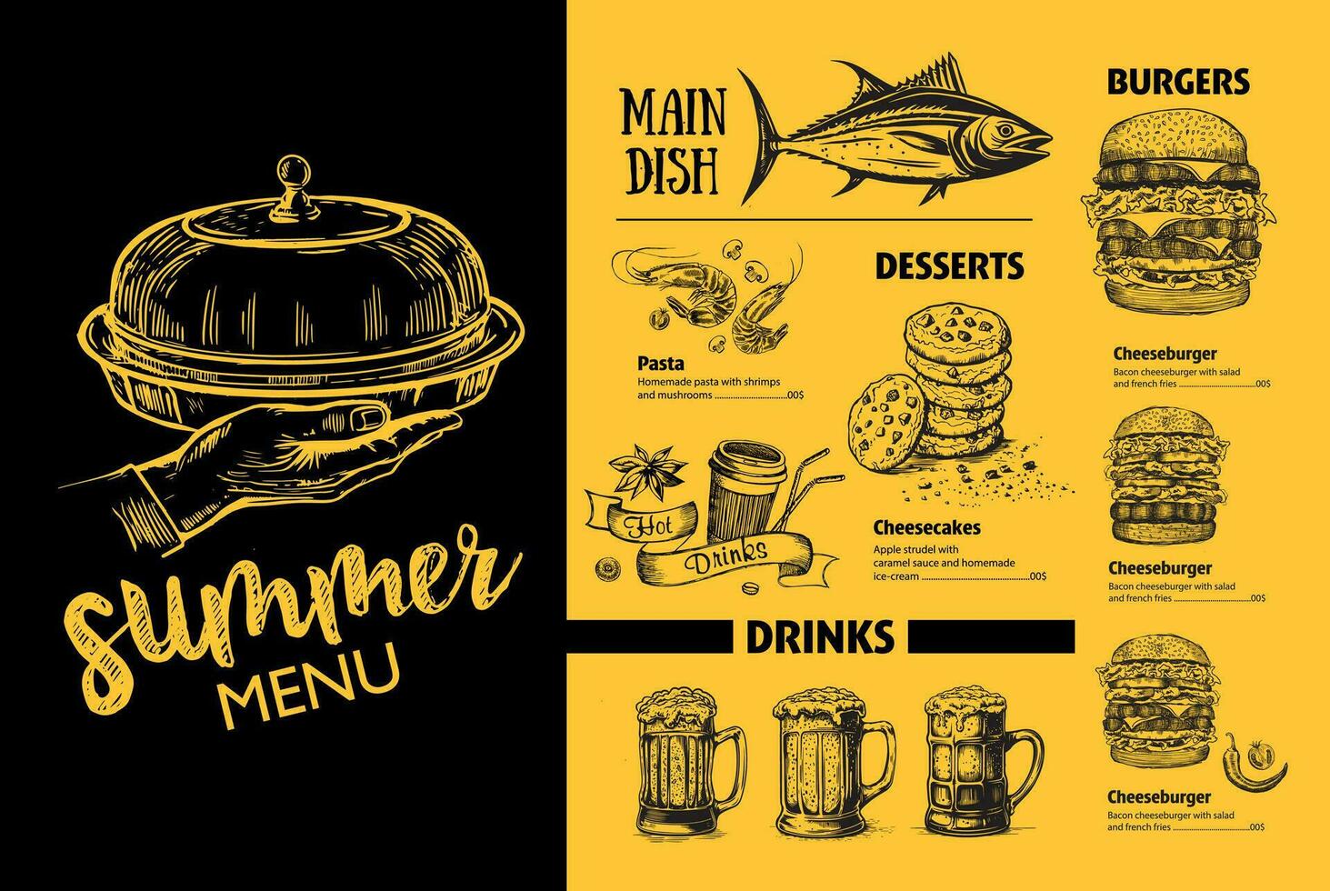 Menu restaurant brochure. Flyer with hand-drawn graphic. vector