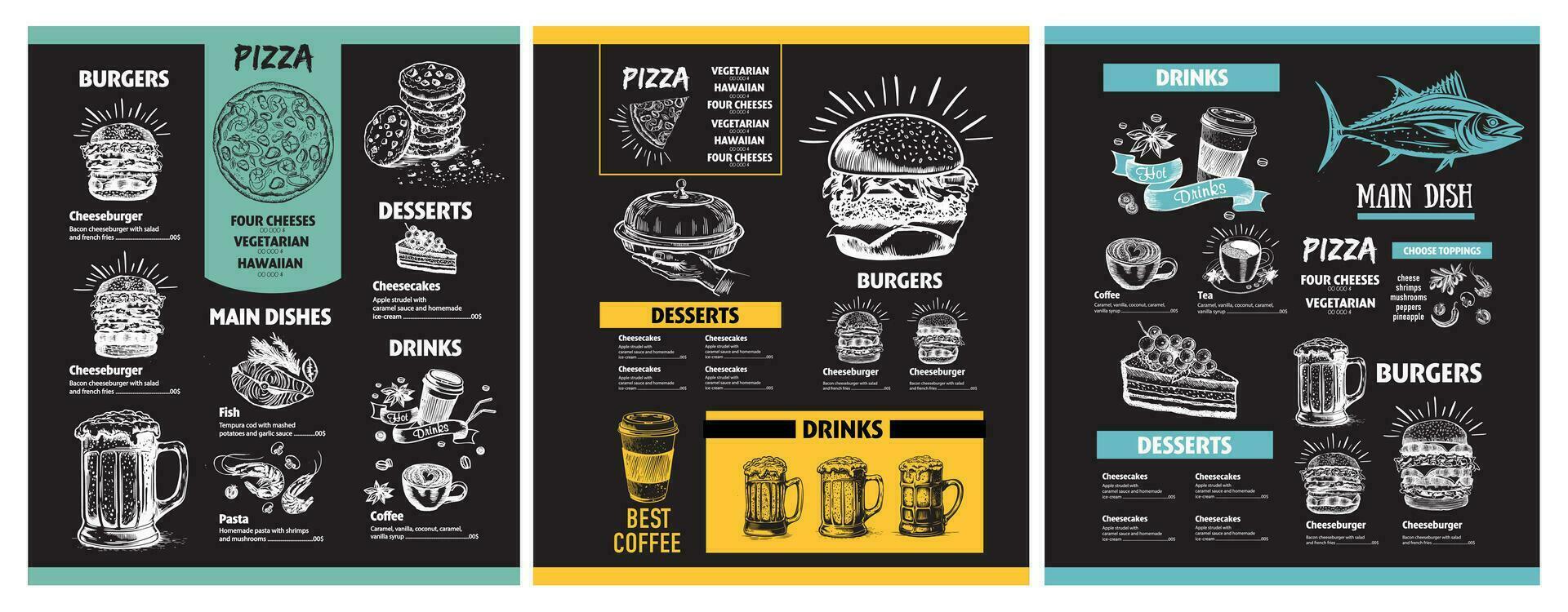 Menu restaurant brochure. Flyer with hand-drawn graphic. vector