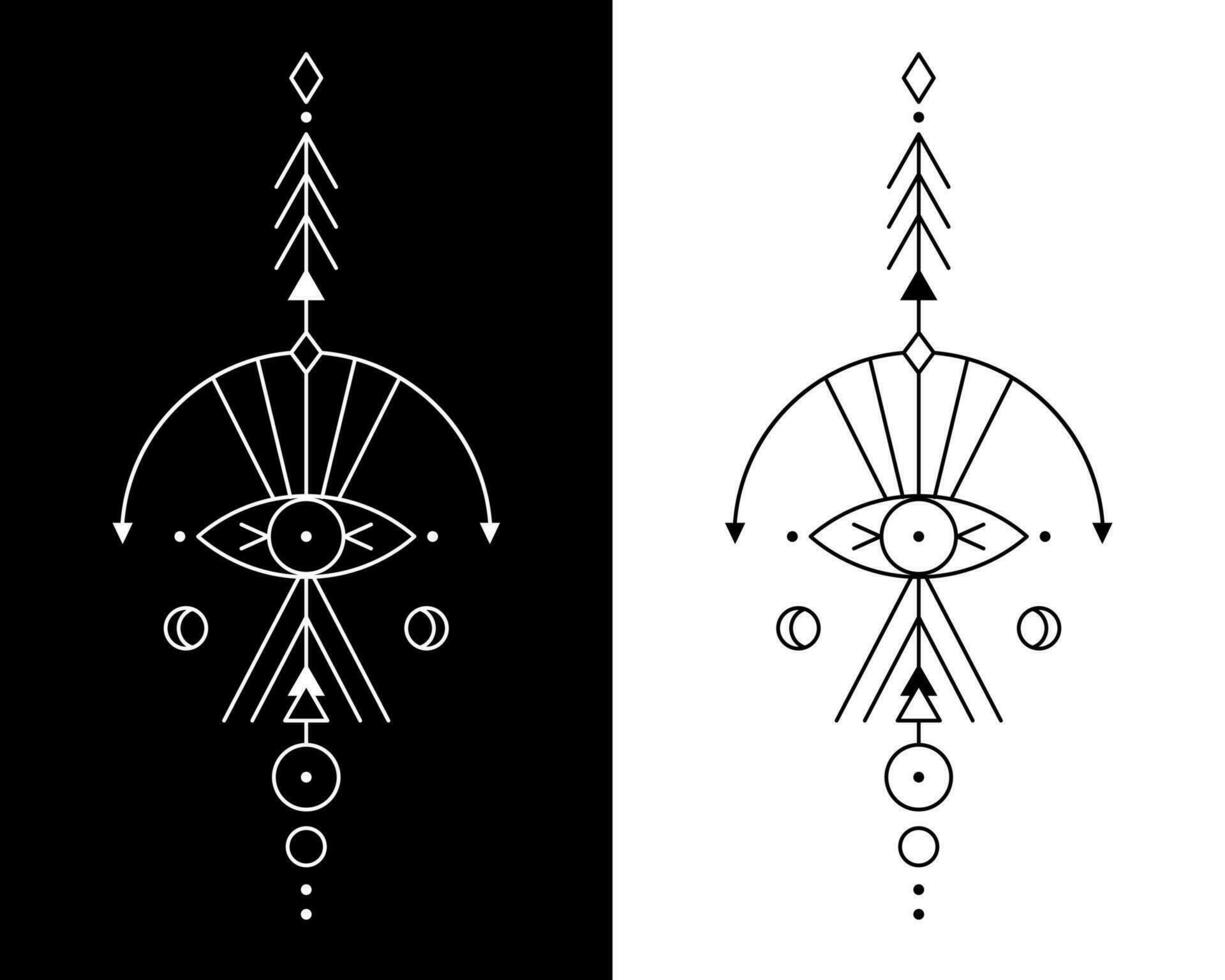 Vector geometric alchemy symbol with eye, moon, shapes. Abstract occult and mystic signs. Linear logo and spiritual design.