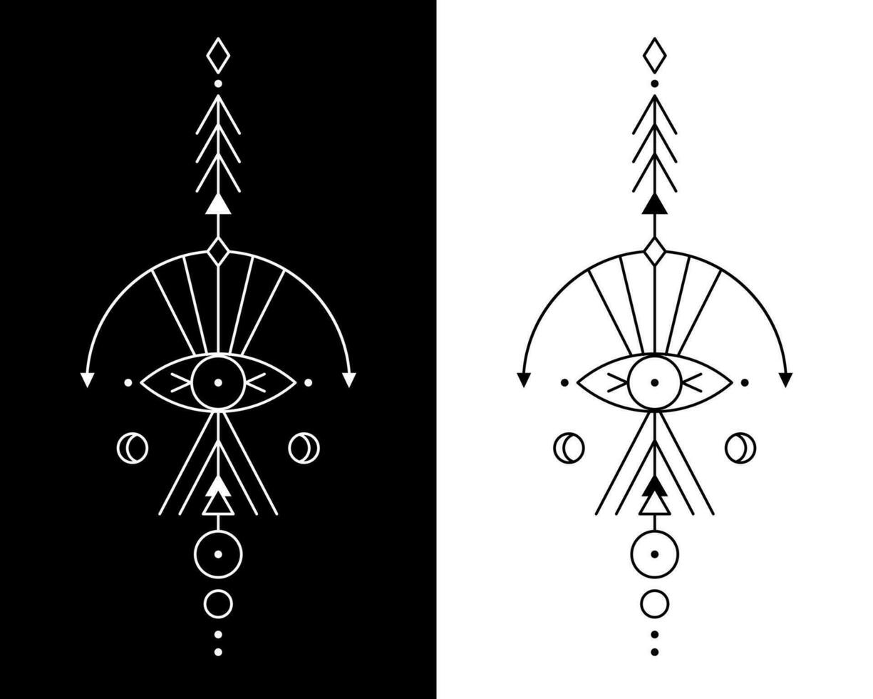 Vector geometric alchemy symbol with eye, moon, shapes. Abstract occult and mystic signs. Linear logo and spiritual design.