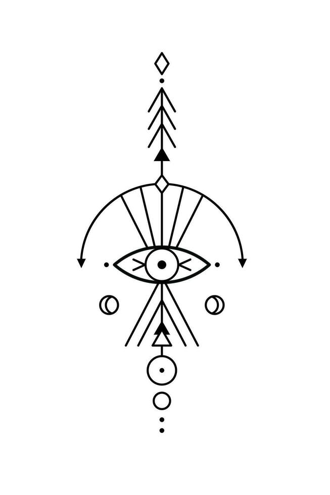 Vector geometric alchemy symbol with eye, moon, shapes. Abstract occult and mystic signs. Linear logo and spiritual design.