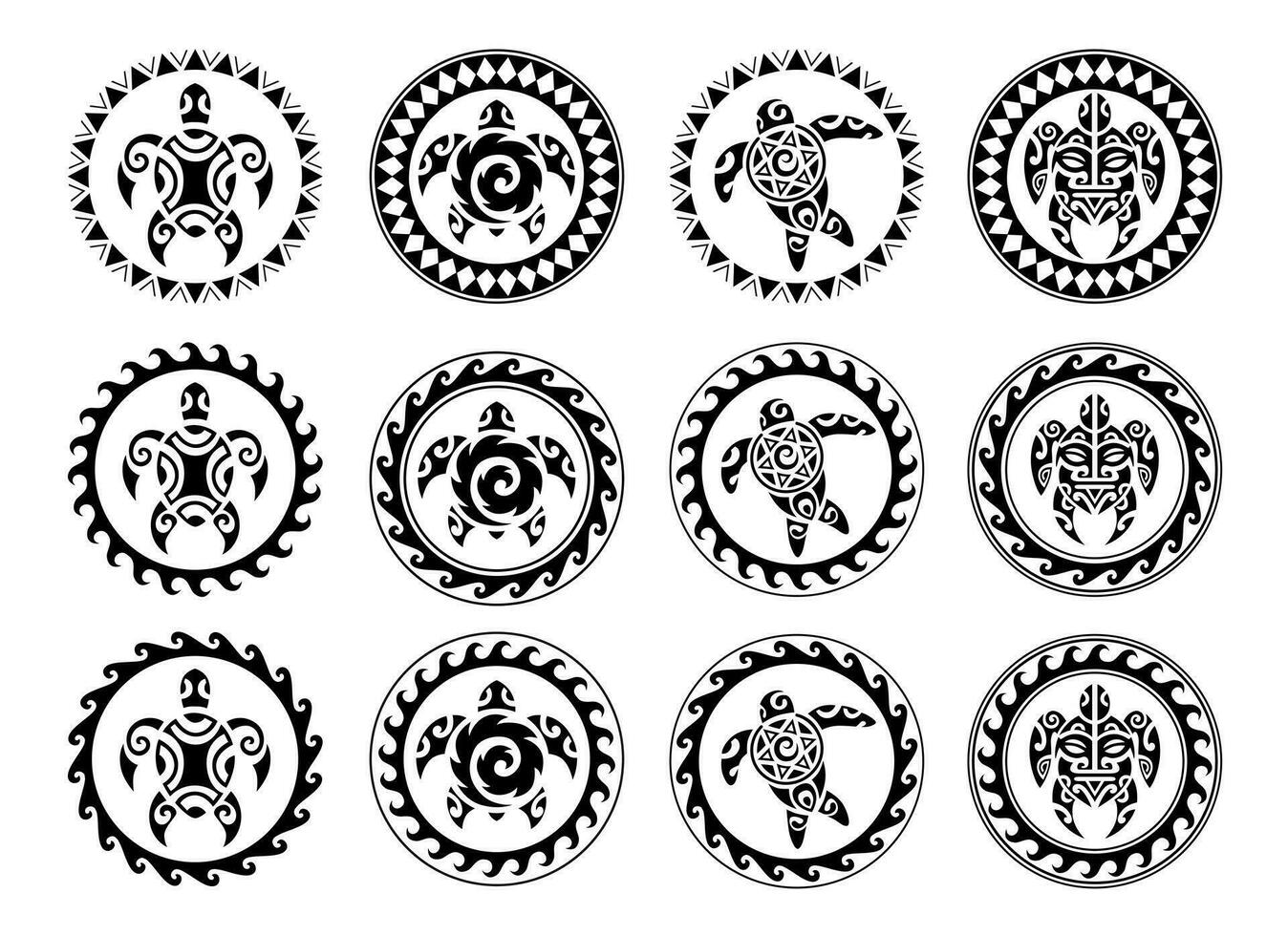 Set of round Maori tattoo ornament with sea turtle. African, maya, aztec, ethnic, tribal style. vector