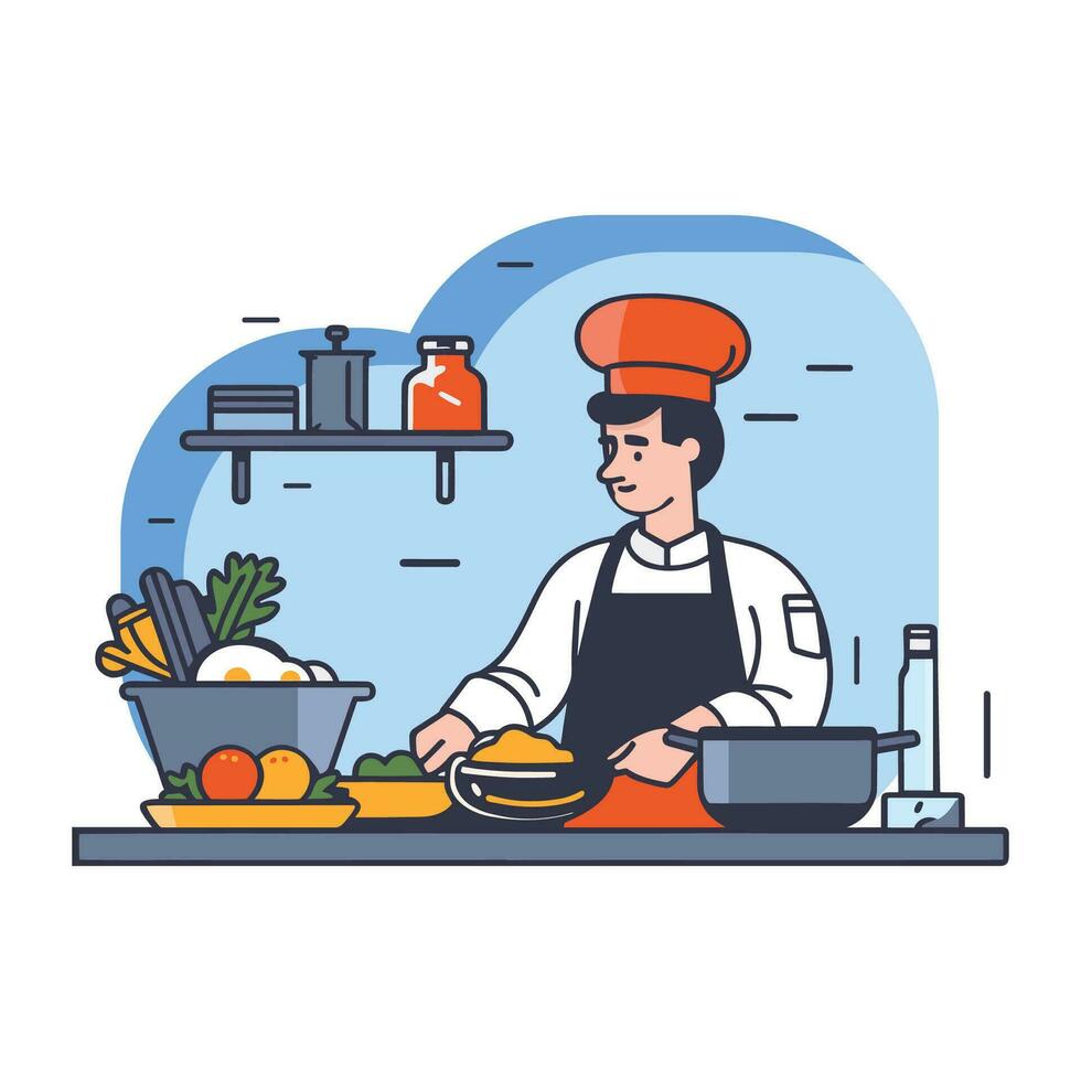 cocinero Cocinando en el cocina, plano Arte diseño vector