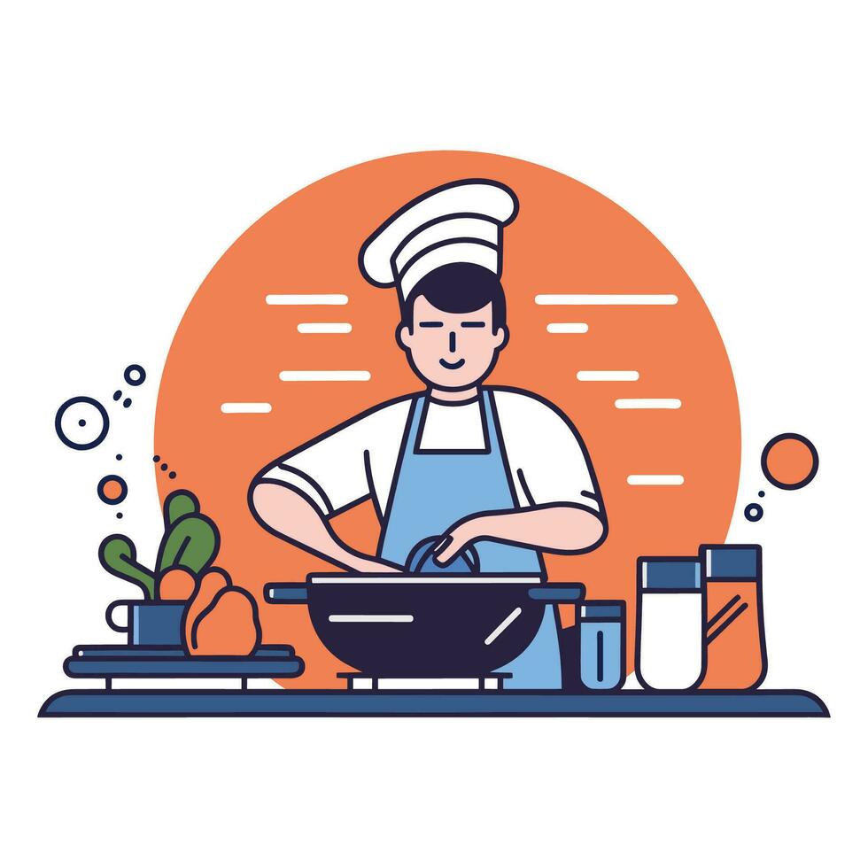 chef cooking in the kitchen, flat art design vector