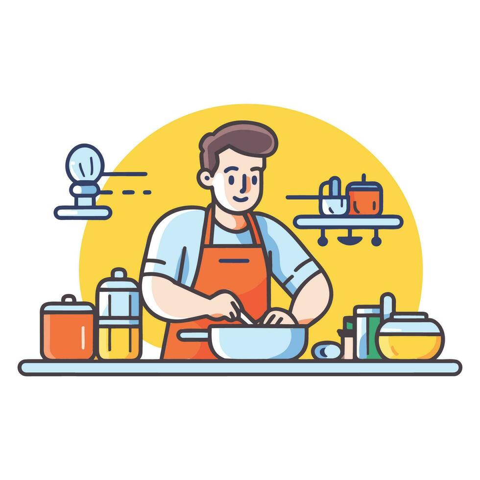 cocinero Cocinando en el cocina, plano Arte diseño vector