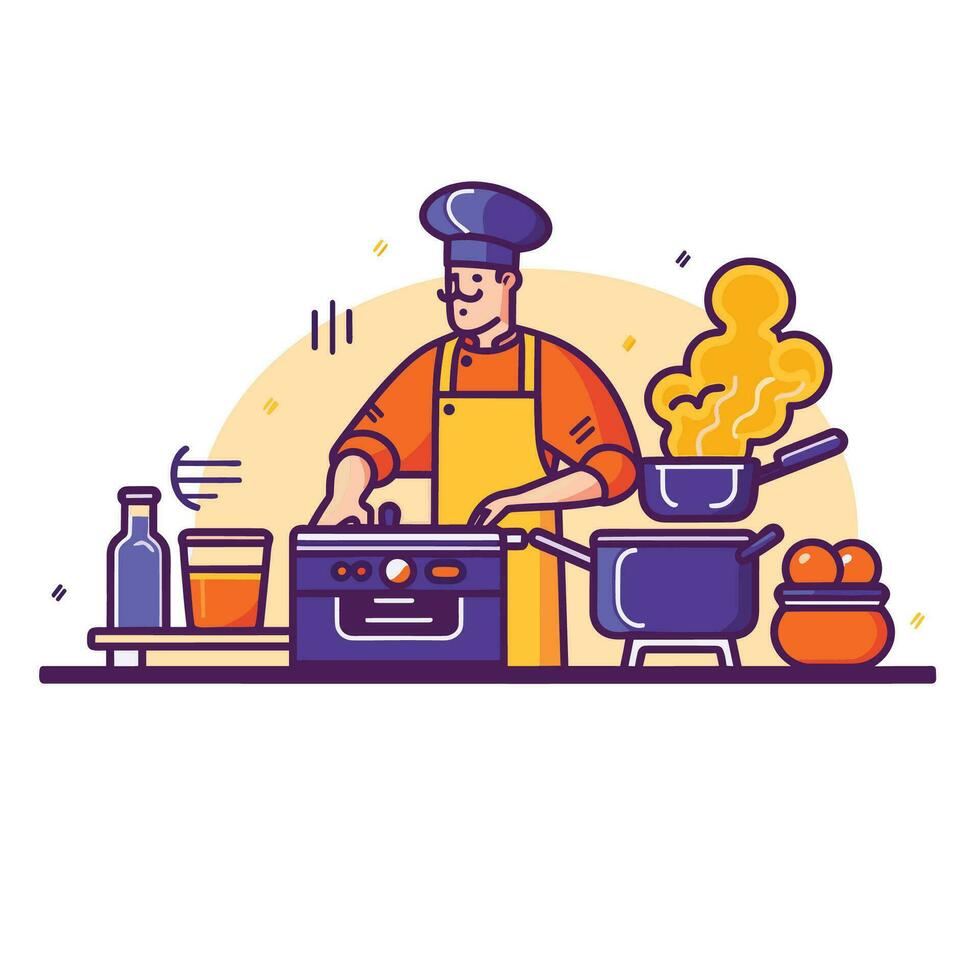 chef cooking in the kitchen, flat art design vector