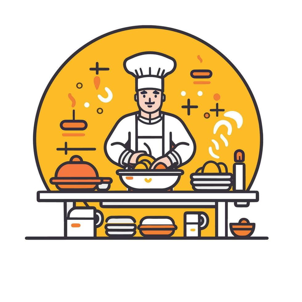 cocinero Cocinando en el cocina, plano Arte diseño vector