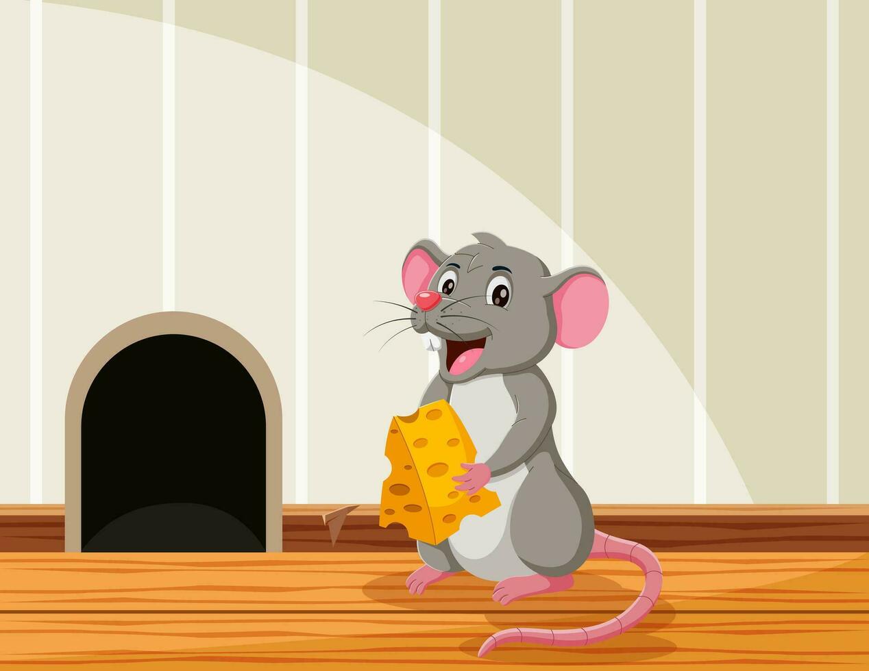 Cartoon mouse holding cheese in the house. Vector illustration