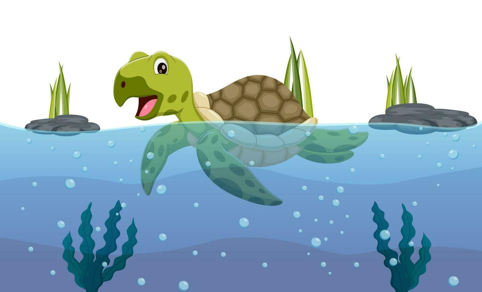 Cartoon sea turtle swimming in the ocean. Vector illustration