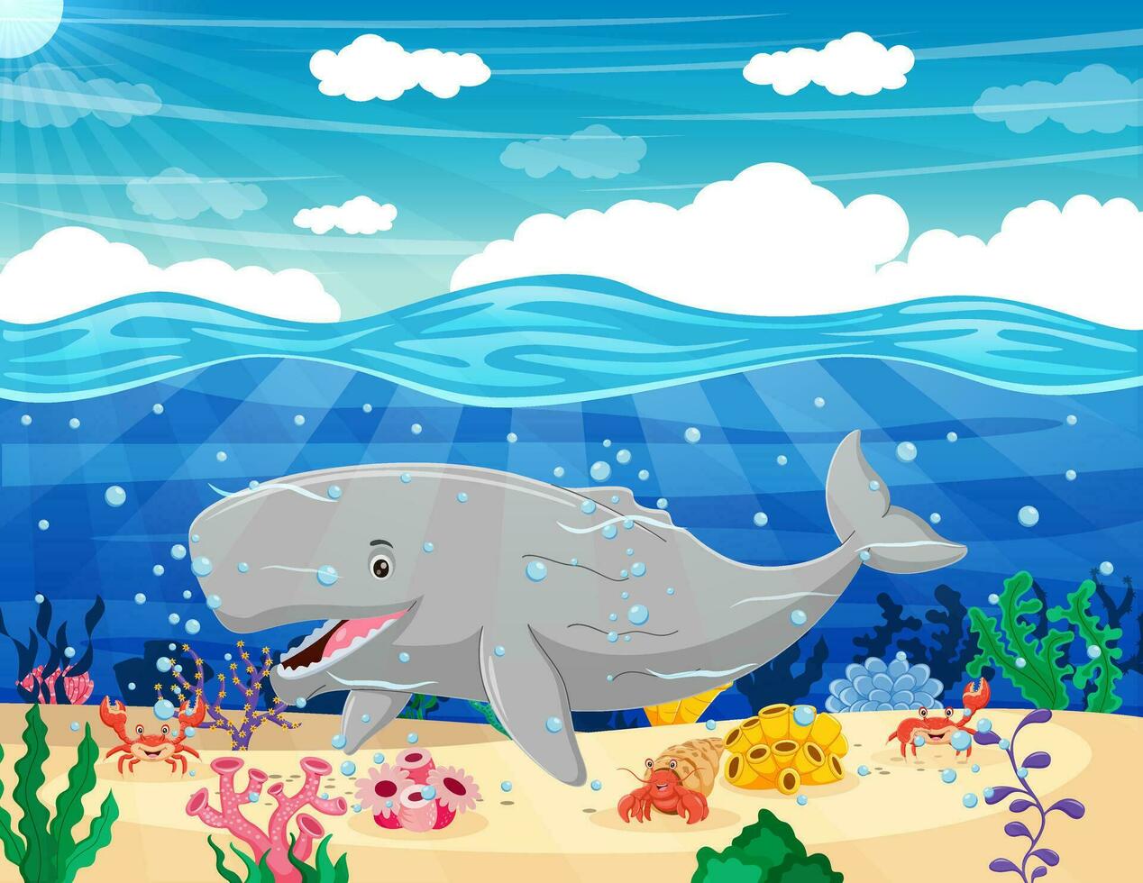 Cartoon funny whale swimming in the ocean. Vector illustration