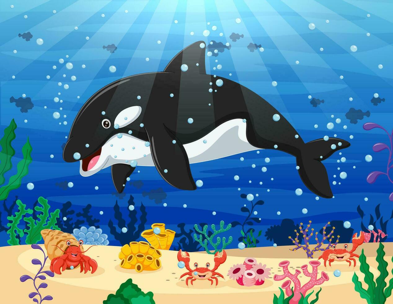 Cartoon killer whale swimming in the ocean. Vector illustration