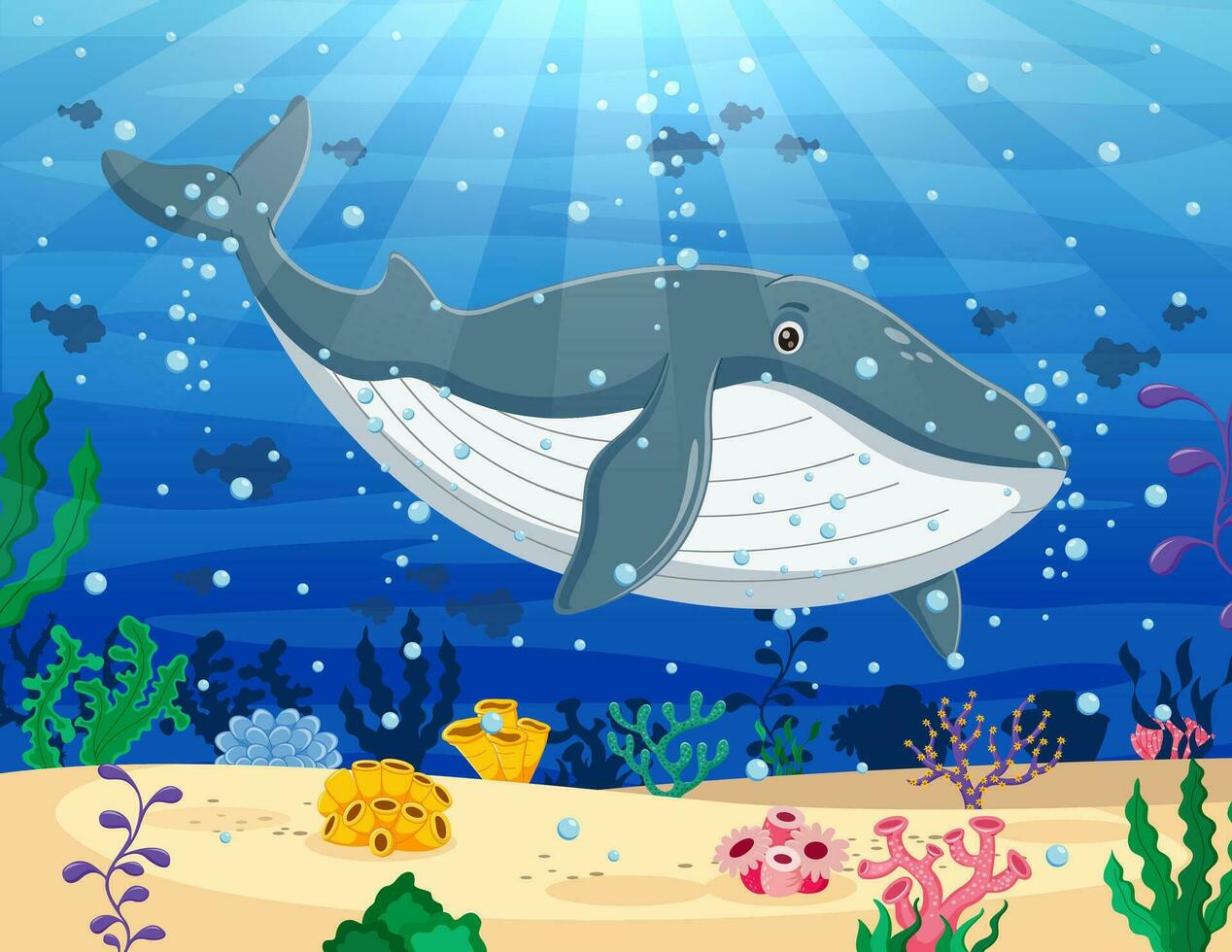 Cartoon whale swimming in the ocean. Vector illustration