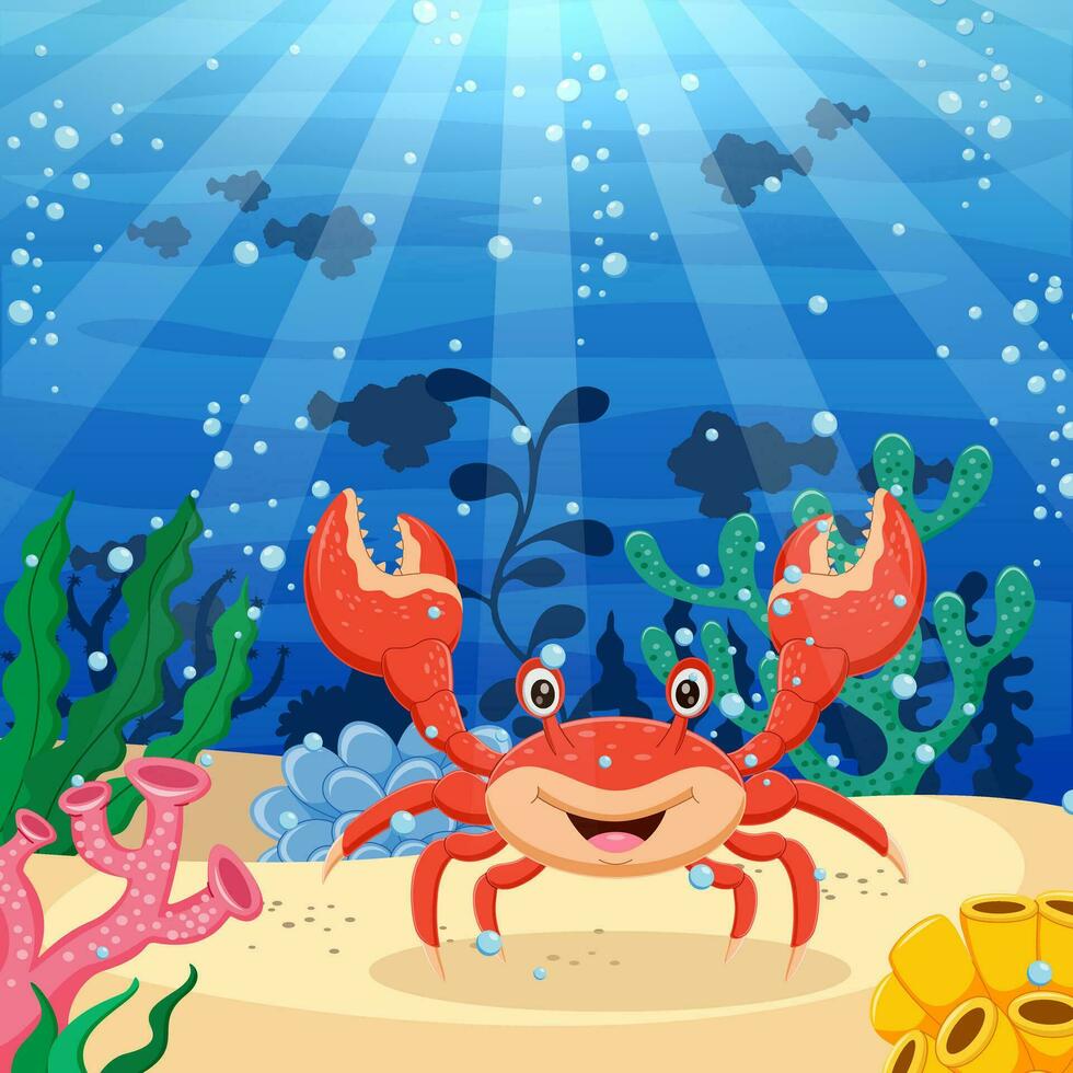 Cartoon crab with beautiful underwater world. Vector illustration