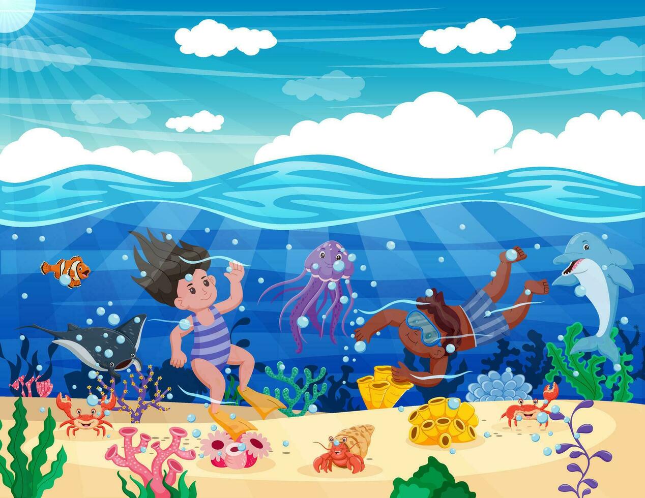 Cartoon kids playing at beach and sea. Vector illustration