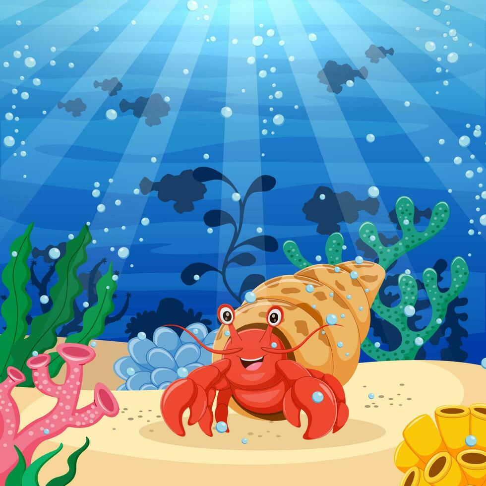 Cartoon hermit crab with beautiful underwater world. Vector illustration