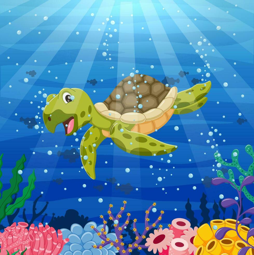 Cartoon sea turtle swimming in the ocean. Vector illustration