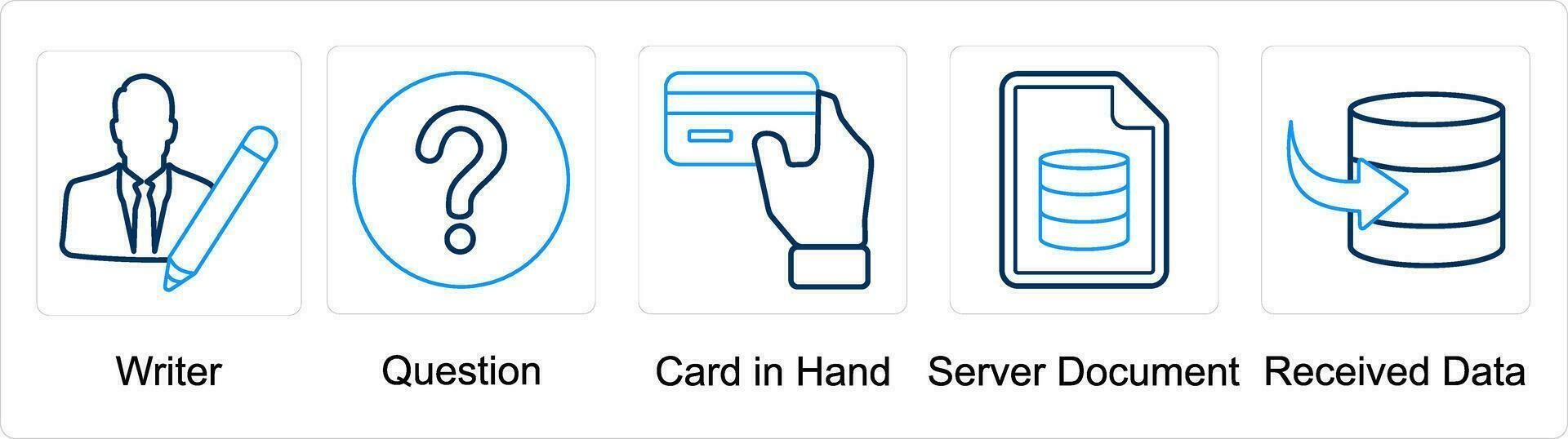 A set of 5 mix icons as writer, question, card in hand vector