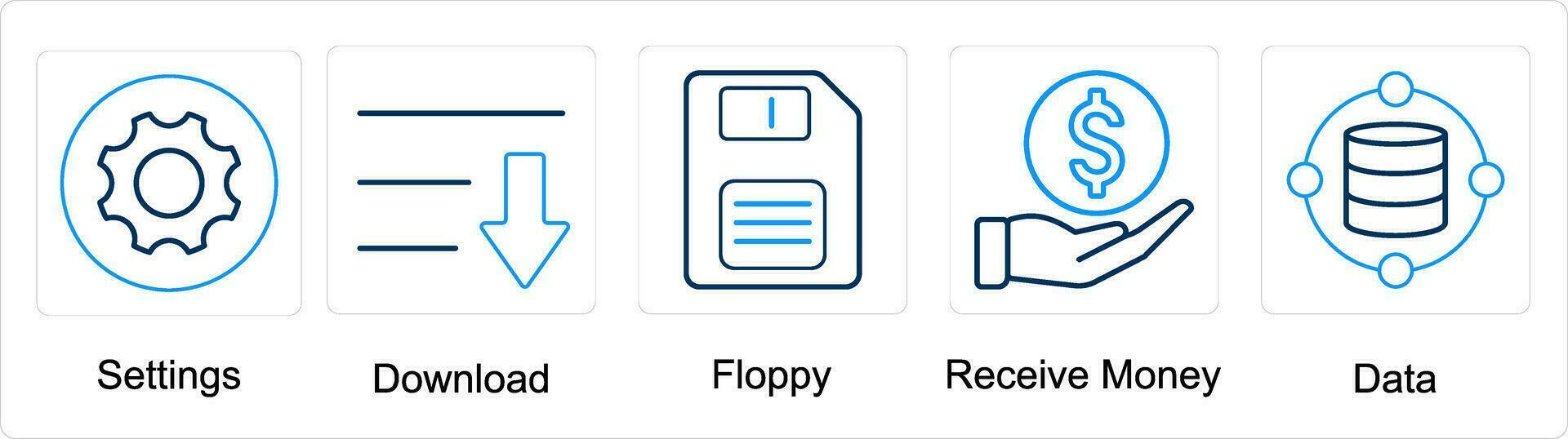 A set of 5 mix icons as settings, download, floppy, receive money vector