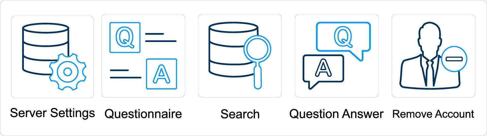 A set of 5 mix icons as server settings, questionnaire, search vector
