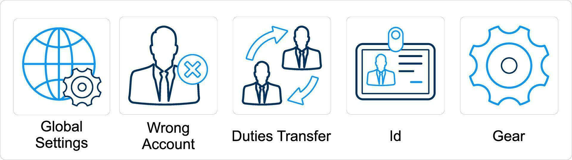 A set of 5 mix icons as global settings, wrong account, duties transfer vector