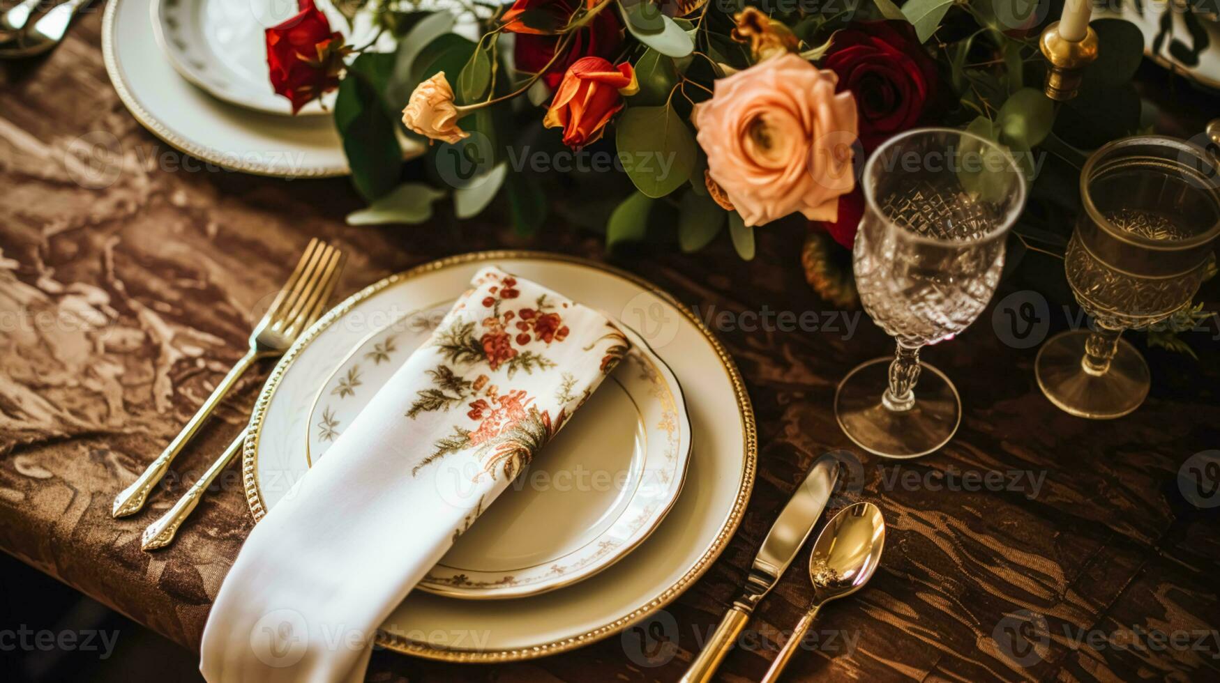 Autumn holiday tablescape, formal dinner table setting, table scape with elegant autumnal floral decor for wedding party and event decoration photo