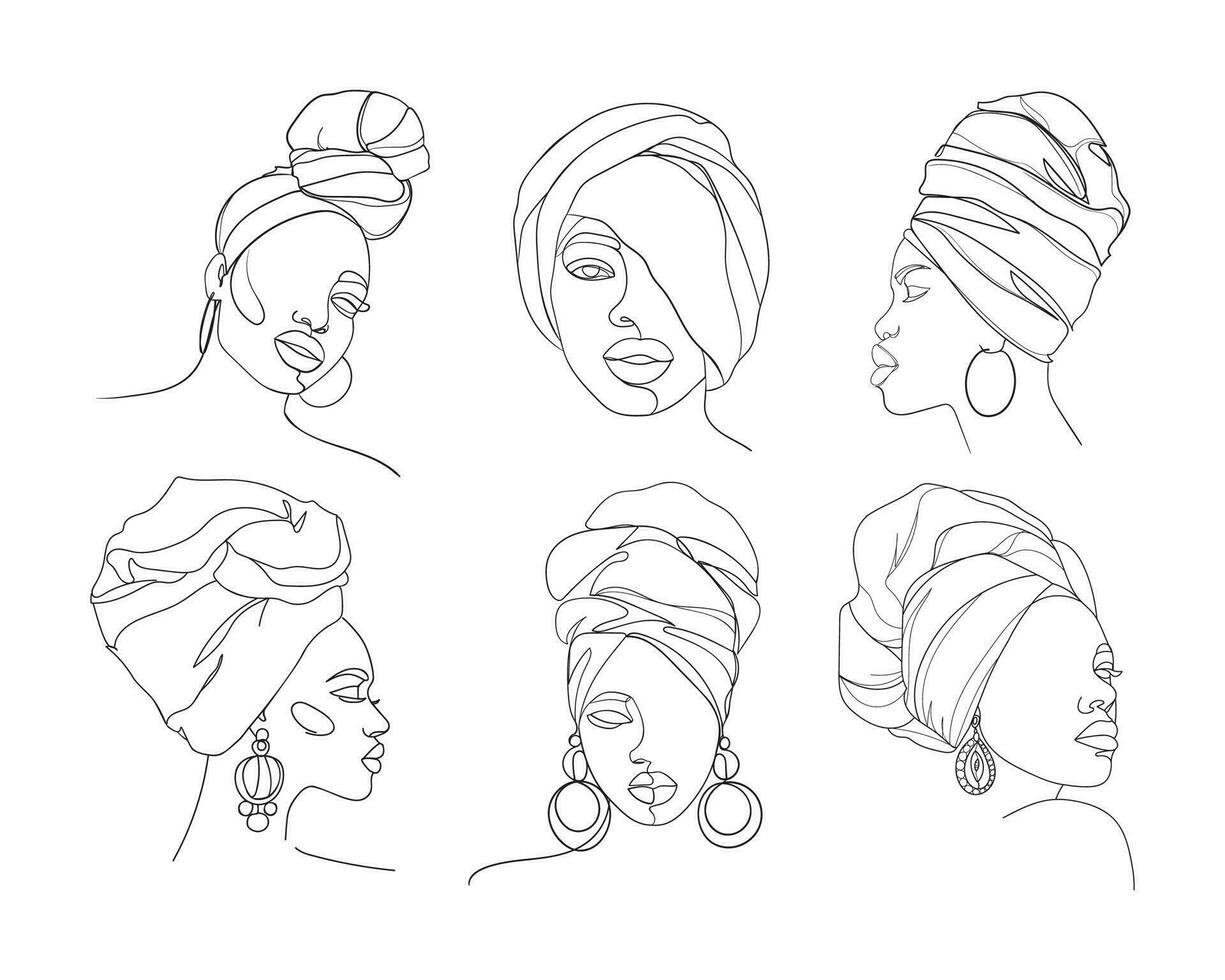 Set of Line art portrait African American women. Portrait of a woman. - Vector illustration