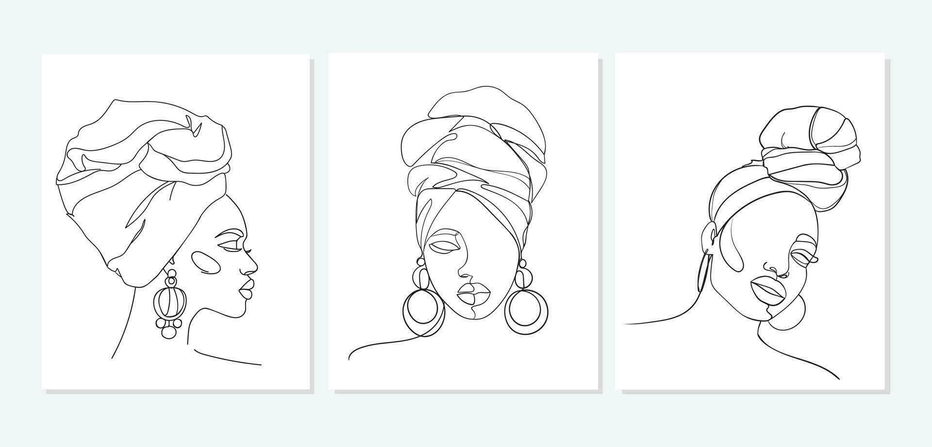 Set of Line art portrait African American women. Portrait of a woman. - Vector illustration