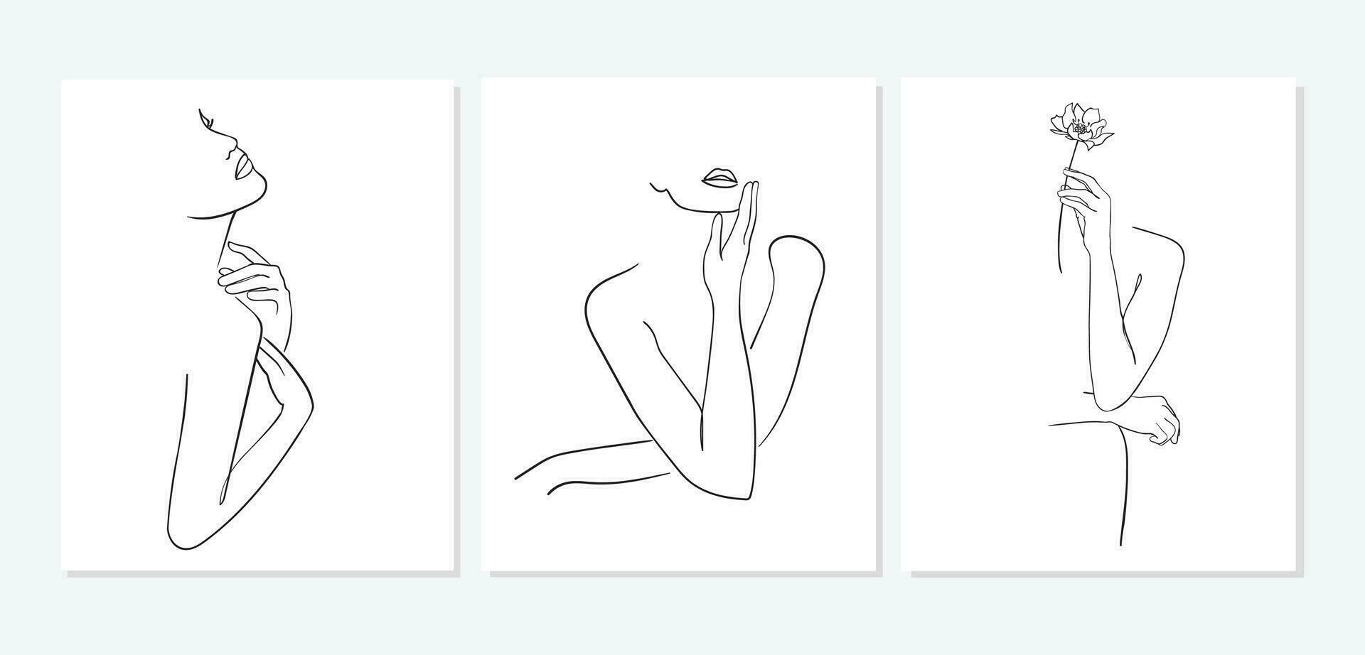 Set of Minimal line art woman with hand on face. Black Lines Drawing. - Vector illustration