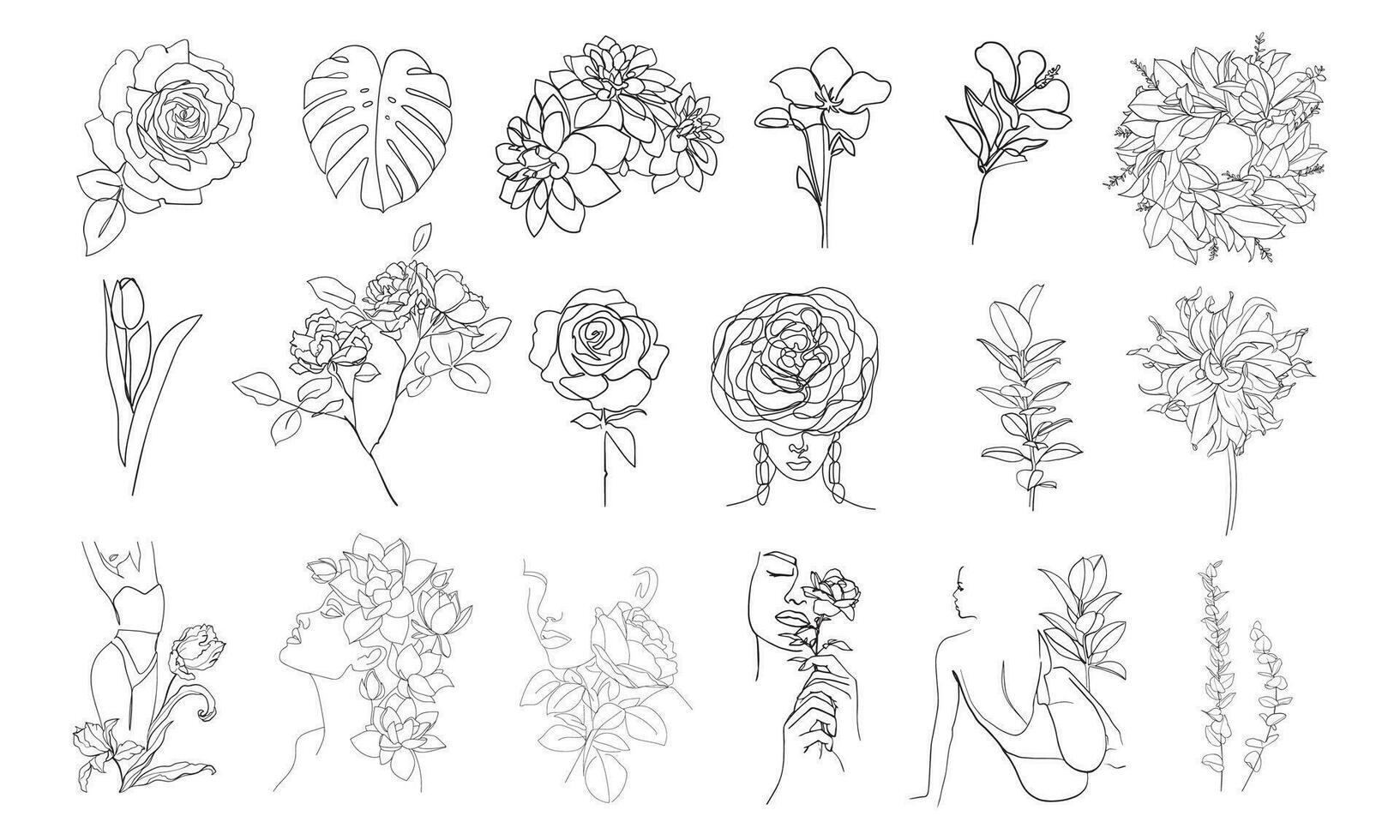 Set of Leaves, Flowers and Faces Line Art Drawing. - Vector illustration