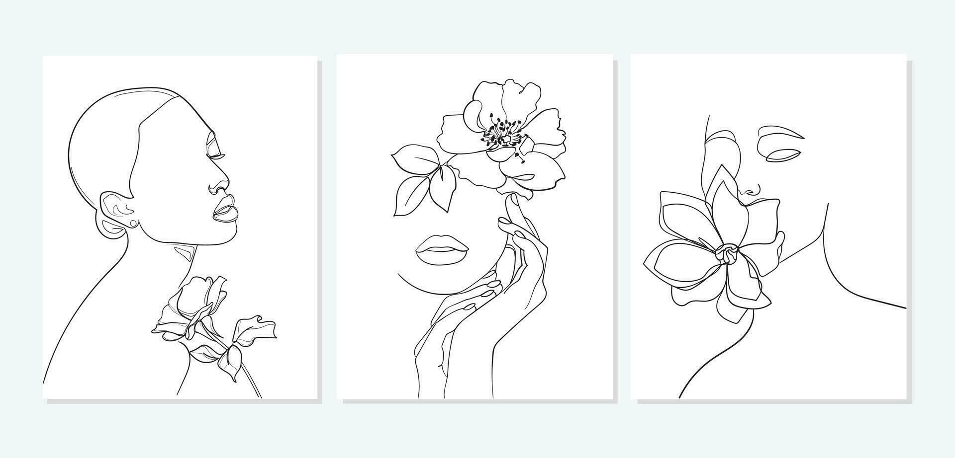 Set of faces with flower. Abstract minimal portrait. - Vector illustration