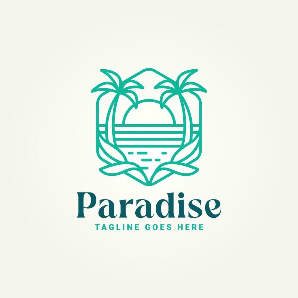 minimalist paradise beach line art badge icon logo template vector illustration design. simple modern villa resort, hotel, vacation emblem logo concept