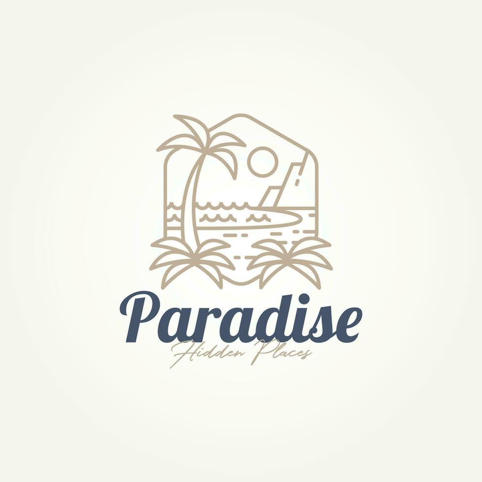 minimalist paradise beach hidden place line art badge icon logo template vector illustration design. simple modern villa resort, hotel, vacation emblem logo concept