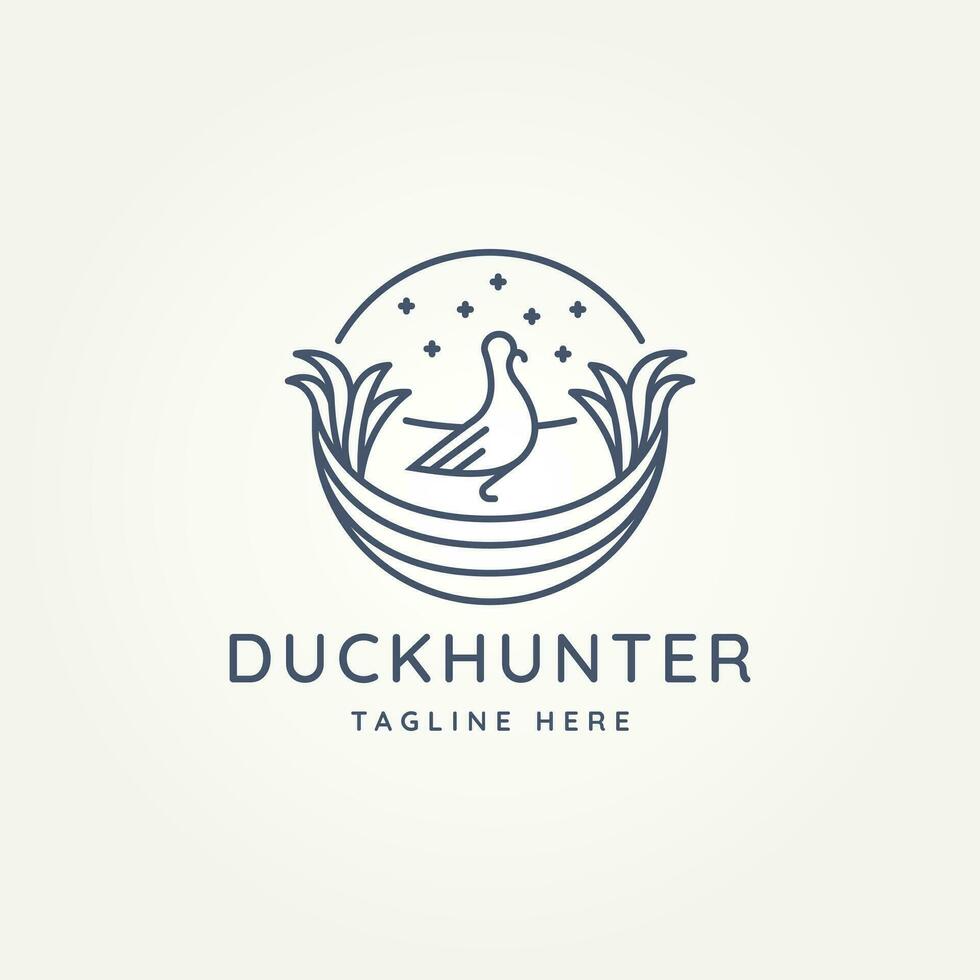 minimalist duck hunting line art icon logo template vector illustration design. simple modern duck on the creeks and cattails emblem logo concept
