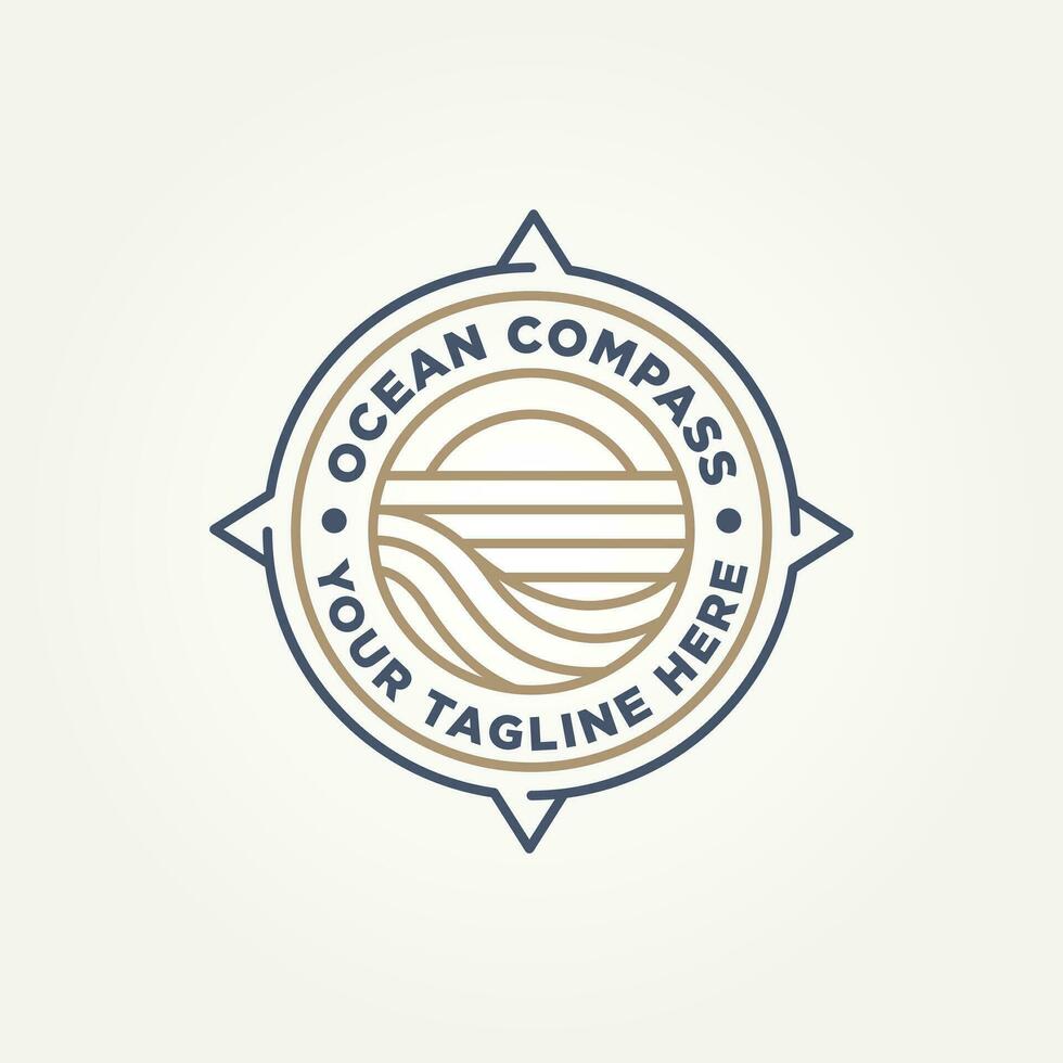 minimalist ocean compass line art badge icon logo template vector illustration design. simple modern sea wave ocean adventure emblem logo concept