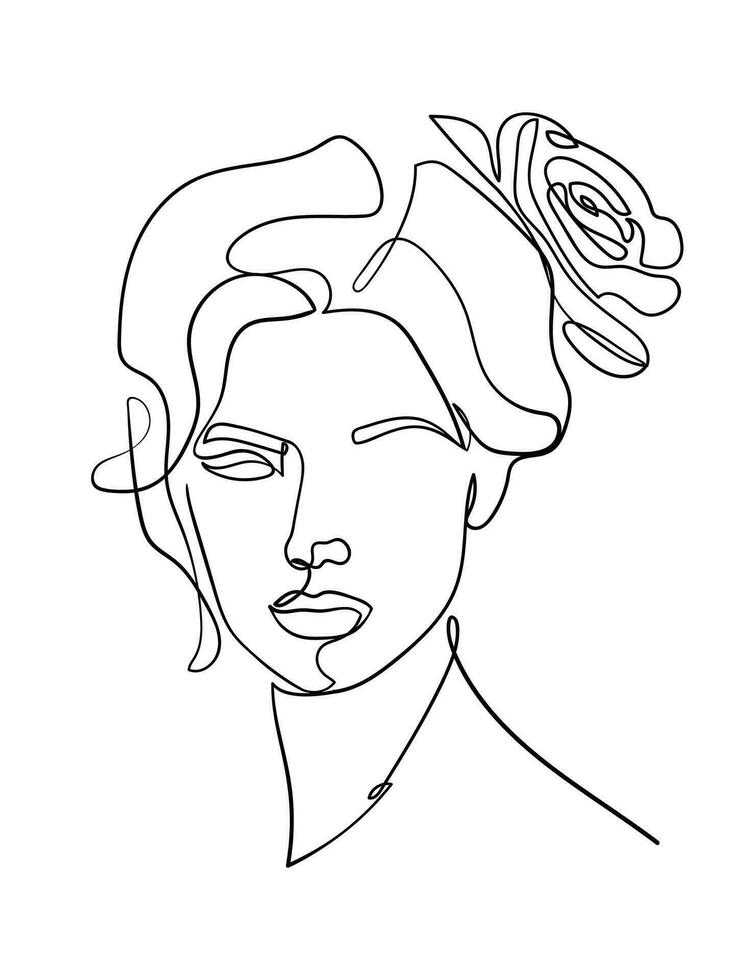 Female Face with Flowers. Modern Minimalist Simple Linear Style. Beauty Fashion Design vector